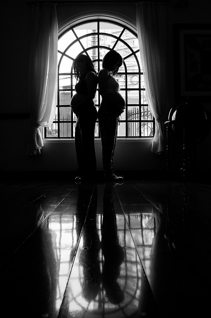 silhouette of two pregnant women by window 